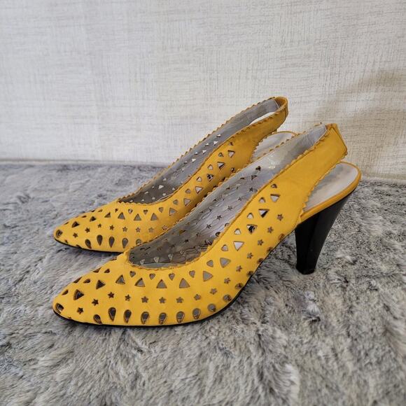 Pancaldi Womens Slingback Heels Yellow Cutout Geometric Shapes 3.5" Size 9 N - Picture 1 of 11